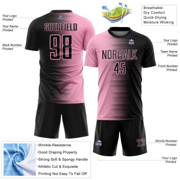 Custom Black Light Pink Gradient Line Sublimation Soccer Uniform Jersey