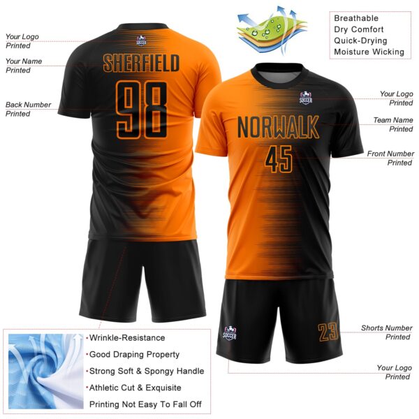 Custom Black Bay Orange Gradient Line Sublimation Soccer Uniform Jersey