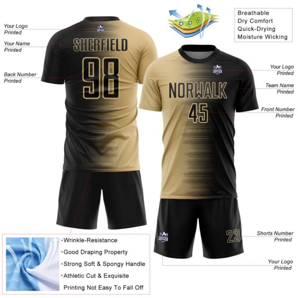 Custom Black Vegas Gold Gradient Line Sublimation Soccer Uniform Jersey