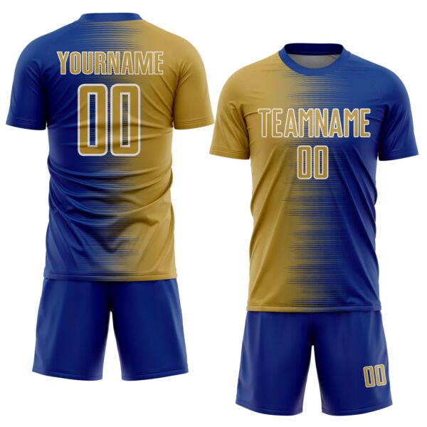Custom Royal Old Gold-White Gradient Line Sublimation Soccer Uniform Jersey