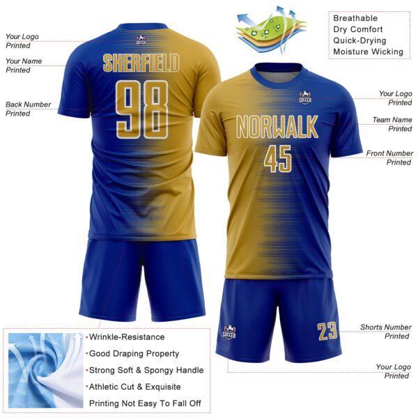 Custom Royal Old Gold-White Gradient Line Sublimation Soccer Uniform Jersey