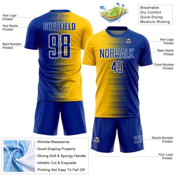 Custom Royal White-Yellow Gradient Line Sublimation Soccer Uniform Jersey