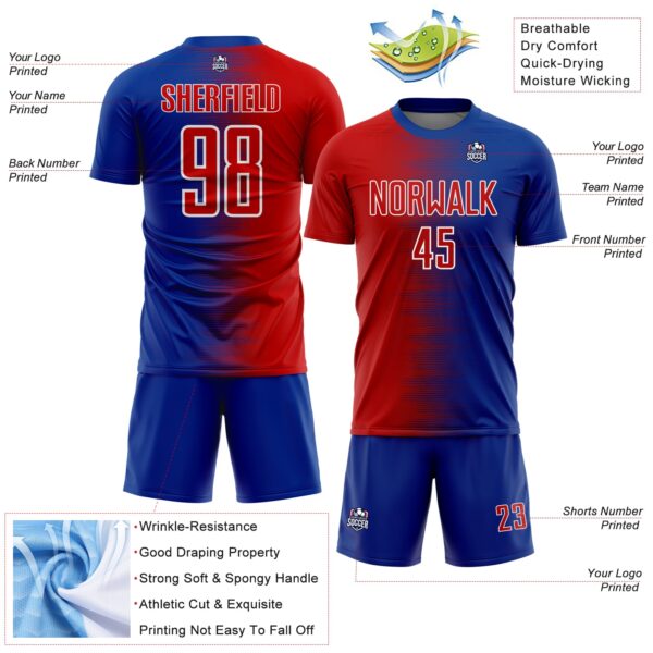 Custom Royal Red-White Gradient Line Sublimation Soccer Uniform Jersey