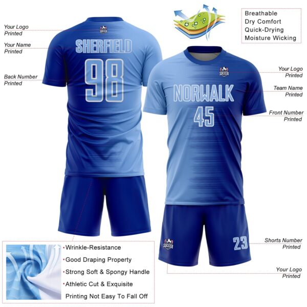 Custom Royal Light Blue-White Gradient Line Sublimation Soccer Uniform Jersey