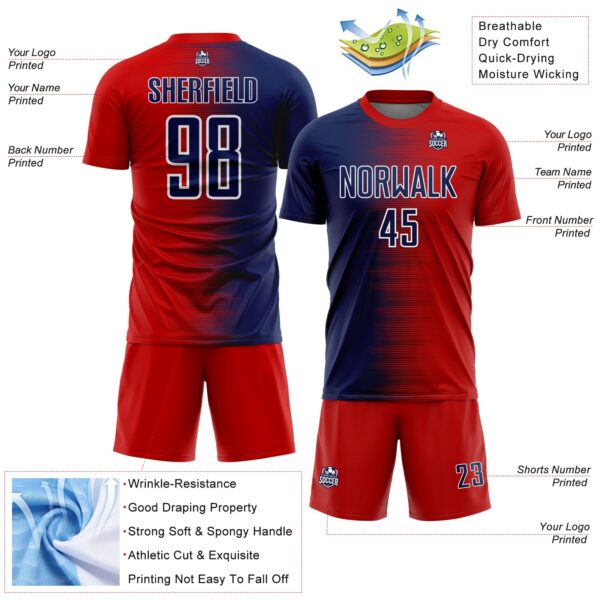 Custom Red Navy-White Gradient Line Sublimation Soccer Uniform Jersey