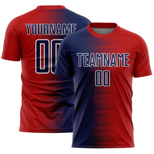 Custom Red Navy-White Gradient Line Sublimation Soccer Uniform Jersey