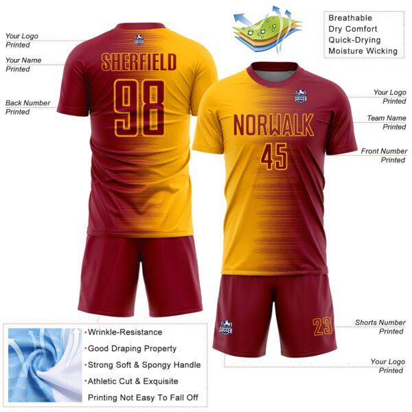 Custom Crimson Gold Gradient Line Sublimation Soccer Uniform Jersey