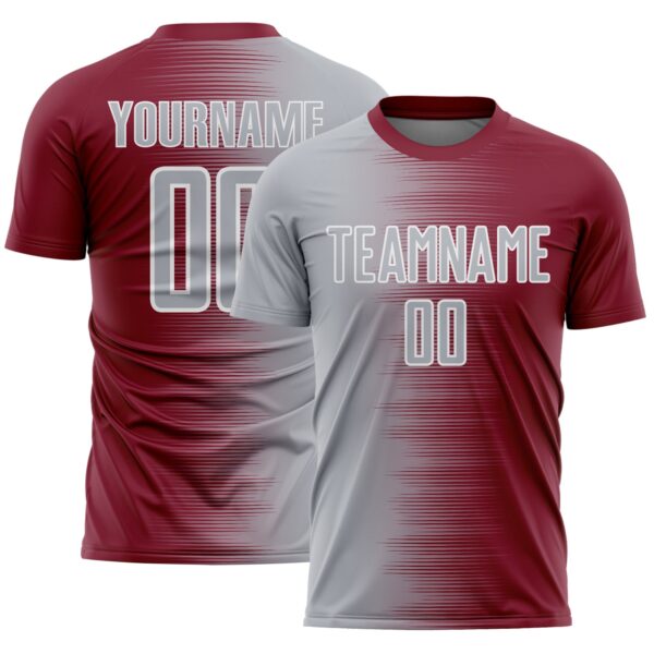 Custom Crimson Gray-White Gradient Line Sublimation Soccer Uniform Jersey