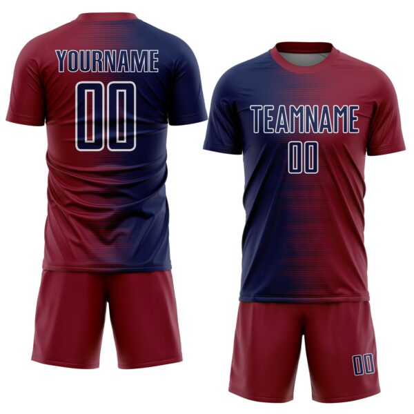 Custom Crimson Navy-White Gradient Line Sublimation Soccer Uniform Jersey