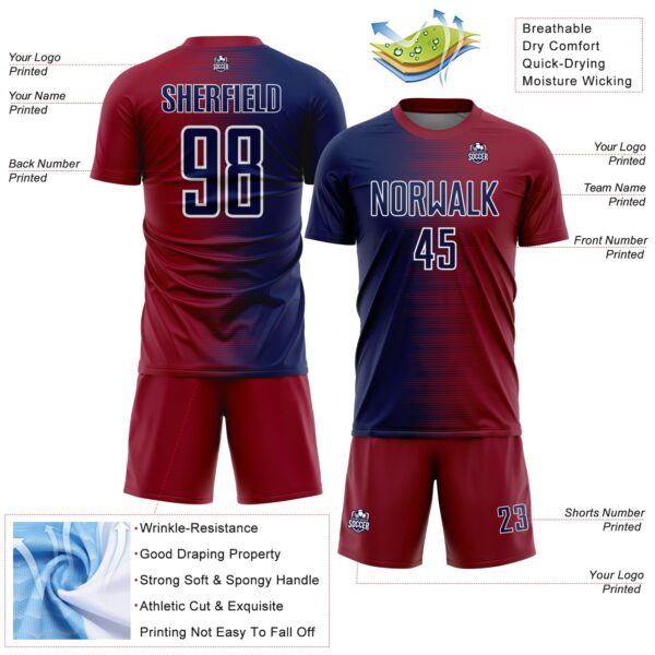 Custom Crimson Navy-White Gradient Line Sublimation Soccer Uniform Jersey