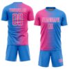 Custom Powder Blue Pink-White Gradient Line Sublimation Soccer Uniform Jersey