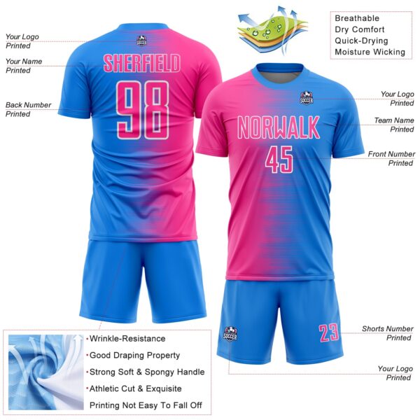 Custom Powder Blue Pink-White Gradient Line Sublimation Soccer Uniform Jersey