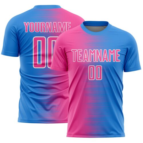 Custom Powder Blue Pink-White Gradient Line Sublimation Soccer Uniform Jersey