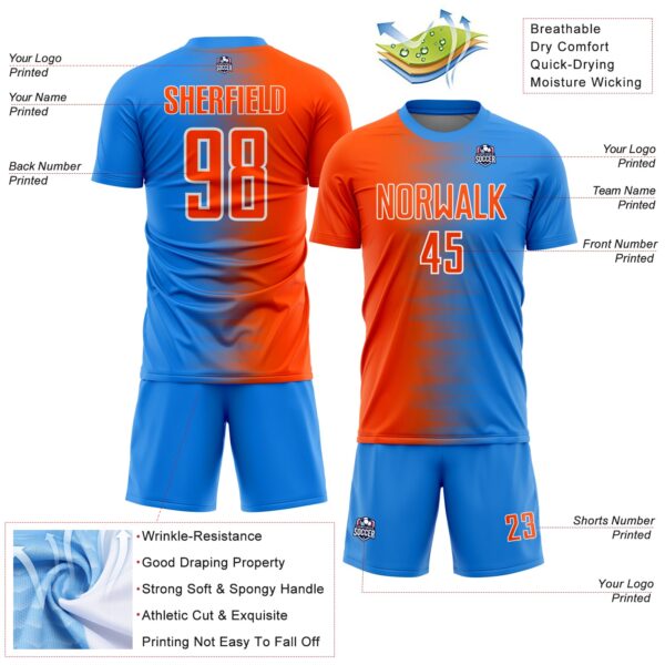 Custom Powder Blue Orange-White Gradient Line Sublimation Soccer Uniform Jersey