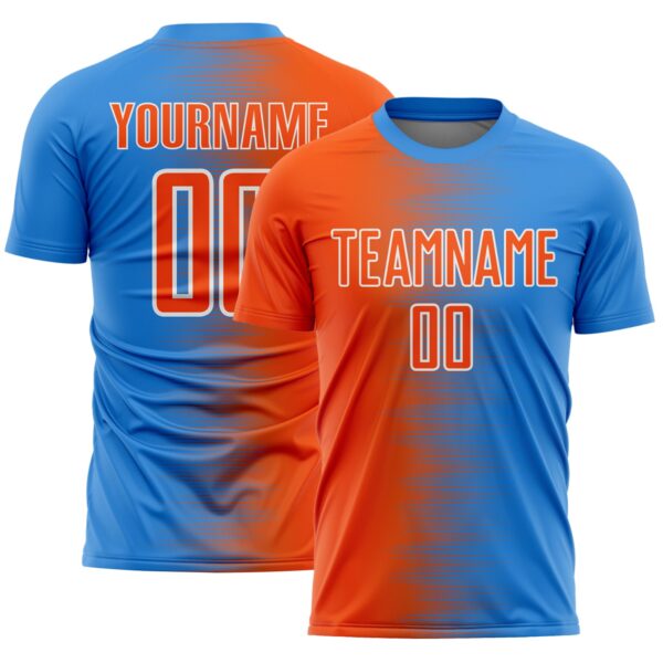 Custom Powder Blue Orange-White Gradient Line Sublimation Soccer Uniform Jersey