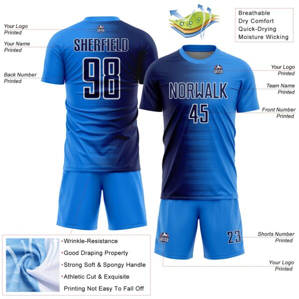 Custom Powder Blue Navy-White Gradient Line Sublimation Soccer Uniform Jersey