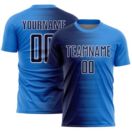 Custom Powder Blue Navy-White Gradient Line Sublimation Soccer Uniform Jersey