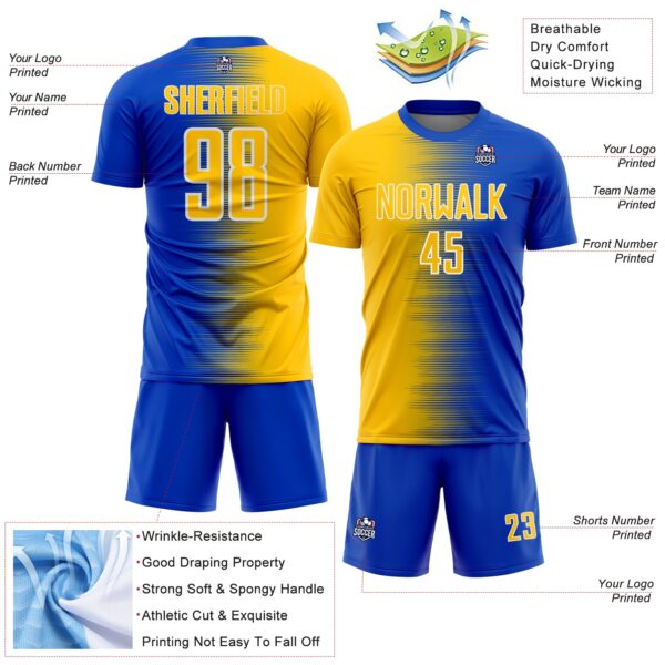 Custom Thunder Blue Yellow-White Gradient Line Sublimation Soccer Uniform Jersey