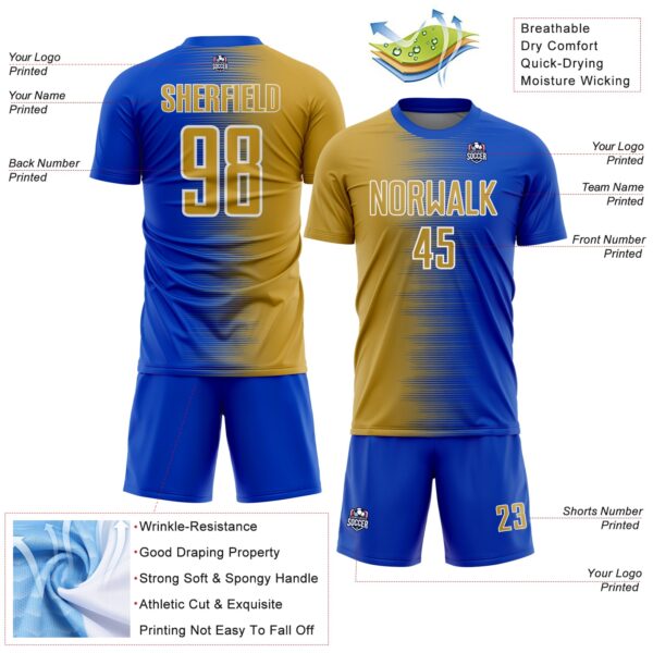 Custom Thunder Blue Old Gold-White Gradient Line Sublimation Soccer Uniform Jersey
