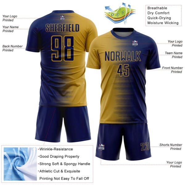 Custom Navy Old Gold Gradient Line Sublimation Soccer Uniform Jersey