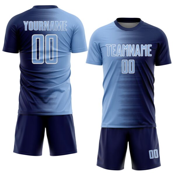 Custom Navy Light Blue-White Gradient Line Sublimation Soccer Uniform Jersey