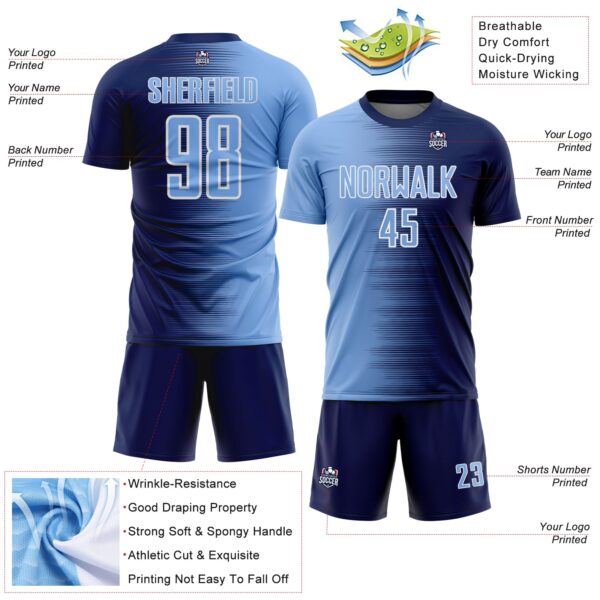 Custom Navy Light Blue-White Gradient Line Sublimation Soccer Uniform Jersey