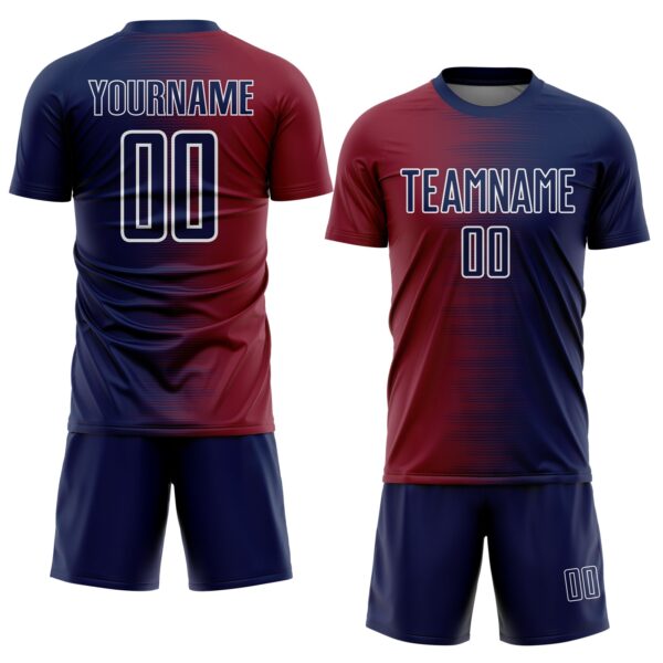 Custom Navy White-Crimson Gradient Line Sublimation Soccer Uniform Jersey