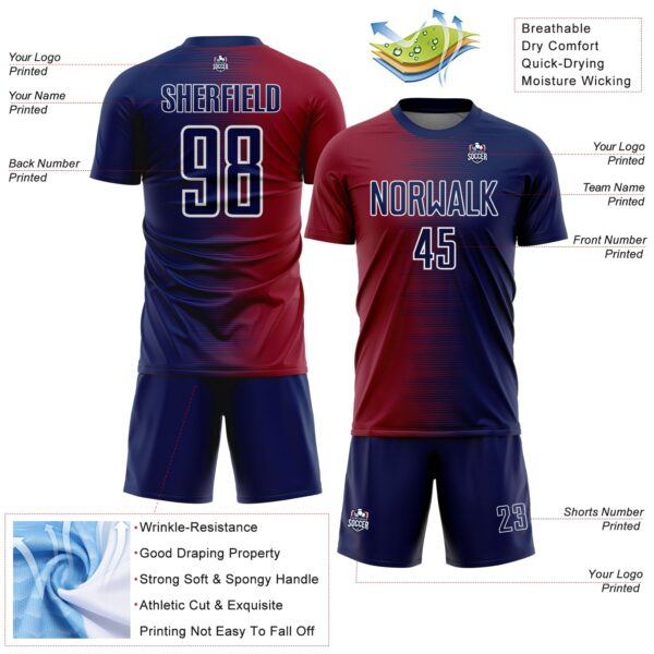 Custom Navy White-Crimson Gradient Line Sublimation Soccer Uniform Jersey