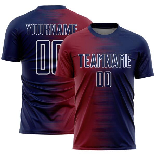 Custom Navy White-Crimson Gradient Line Sublimation Soccer Uniform Jersey