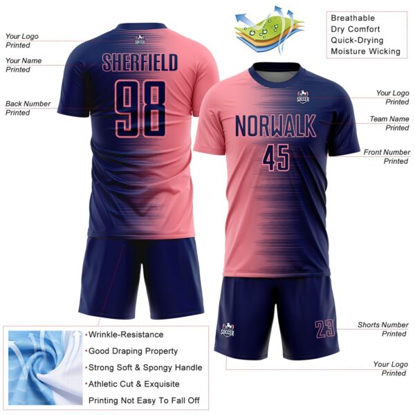 Custom Navy Medium Pink Gradient Line Sublimation Soccer Uniform Jersey