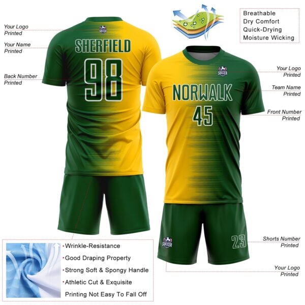 Custom Green White-Yellow Gradient Line Sublimation Soccer Uniform Jersey