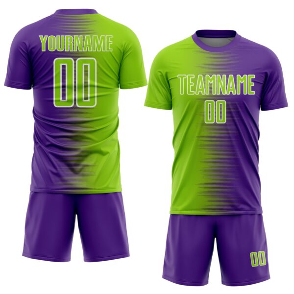 Custom Purple Neon Green-White Gradient Line Sublimation Soccer Uniform Jersey