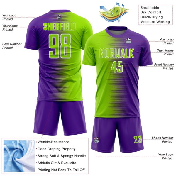 Custom Purple Neon Green-White Gradient Line Sublimation Soccer Uniform Jersey