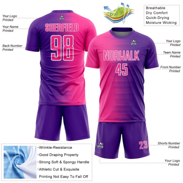 Custom Purple Pink-White Gradient Line Sublimation Soccer Uniform Jersey
