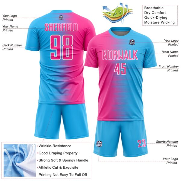 Custom Sky Blue Pink-White Gradient Line Sublimation Soccer Uniform Jersey