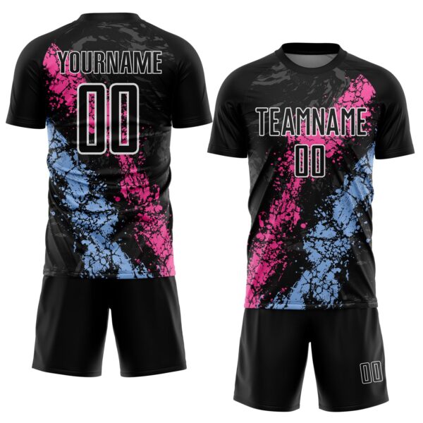 Custom Black White Pink-Light Blue Dripping Splatter Cracked Texture Sublimation Soccer Uniform Jersey