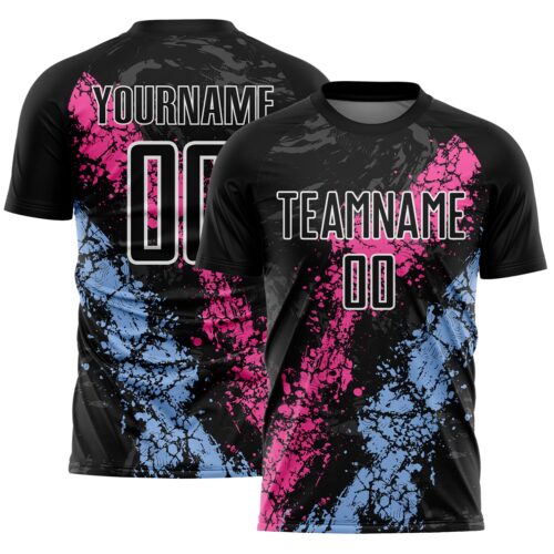 Custom Black White Pink-Light Blue Dripping Splatter Cracked Texture Sublimation Soccer Uniform Jersey