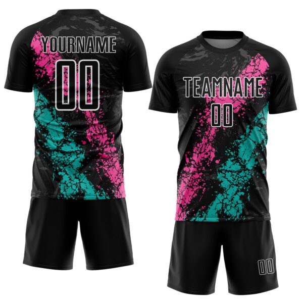 Custom Black White Pink-Aqua Dripping Splatter Cracked Texture Sublimation Soccer Uniform Jersey