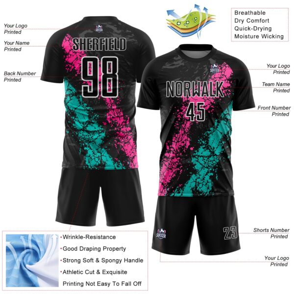 Custom Black White Pink-Aqua Dripping Splatter Cracked Texture Sublimation Soccer Uniform Jersey