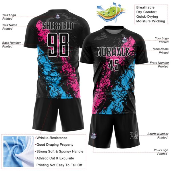 Custom Black White Pink-Sky Blue Dripping Splatter Cracked Texture Sublimation Soccer Uniform Jersey