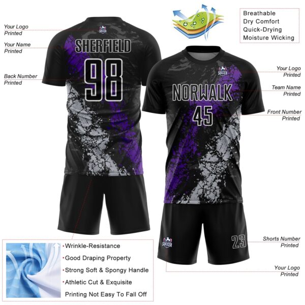 Custom Black White Purple-Gray Dripping Splatter Cracked Texture Sublimation Soccer Uniform Jersey