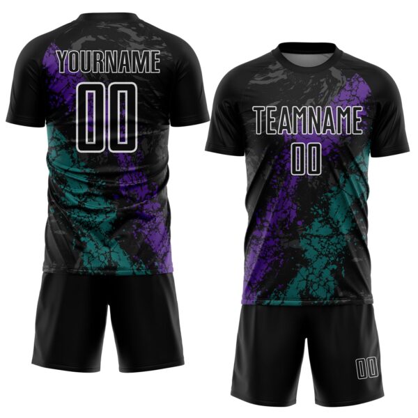 Custom Black White Purple-Teal Dripping Splatter Cracked Texture Sublimation Soccer Uniform Jersey