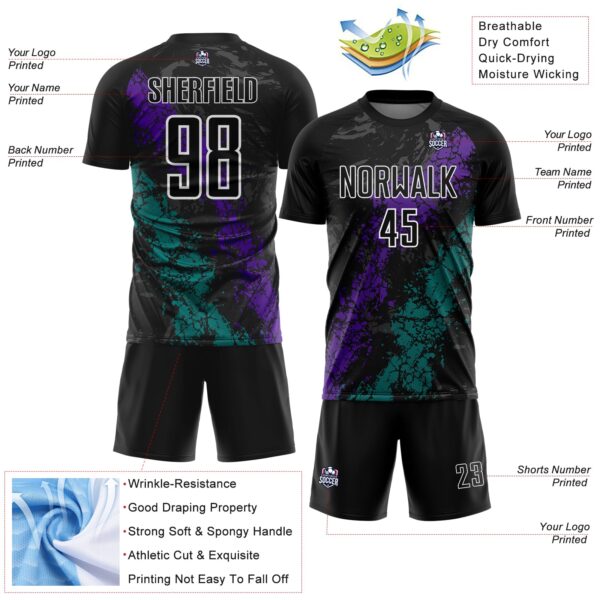 Custom Black White Purple-Teal Dripping Splatter Cracked Texture Sublimation Soccer Uniform Jersey