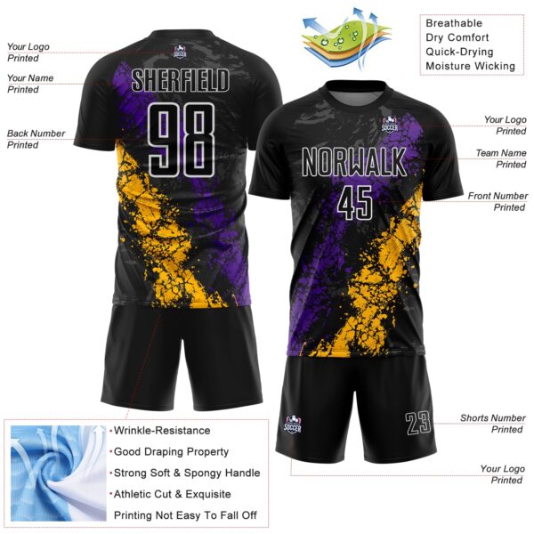 Custom Black White Purple-Gold Dripping Splatter Cracked Texture Sublimation Soccer Uniform Jersey