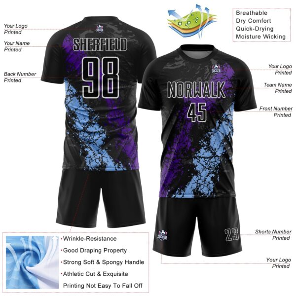 Custom Black White Purple-Light Blue Dripping Splatter Cracked Texture Sublimation Soccer Uniform Jersey