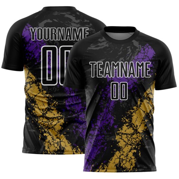 Custom Black White Purple-Old Gold Dripping Splatter Cracked Texture Sublimation Soccer Uniform Jersey