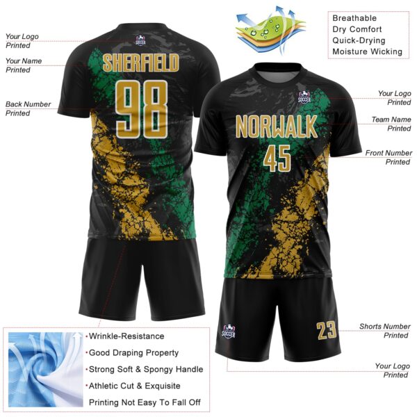 Custom Black Old Gold White-Kelly Green Dripping Splatter Cracked Texture Sublimation Soccer Uniform Jersey