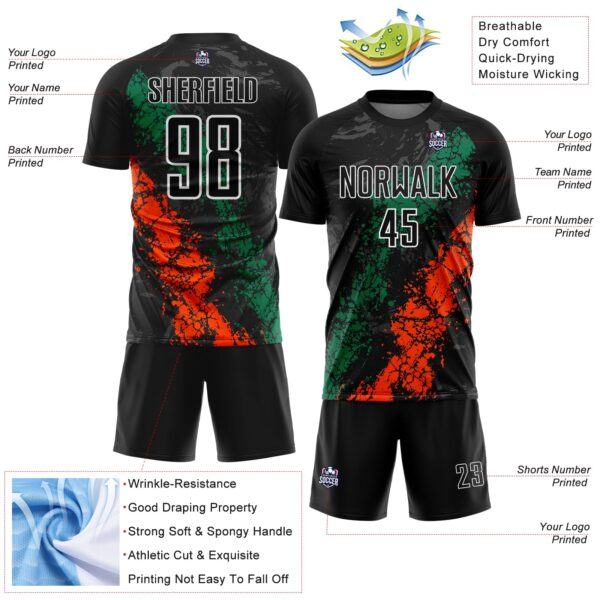 Custom Black White Kelly Green-Orange Dripping Splatter Cracked Texture Sublimation Soccer Uniform Jersey