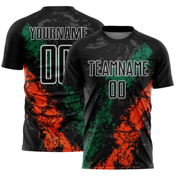 Custom Black White Kelly Green-Orange Dripping Splatter Cracked Texture Sublimation Soccer Uniform Jersey