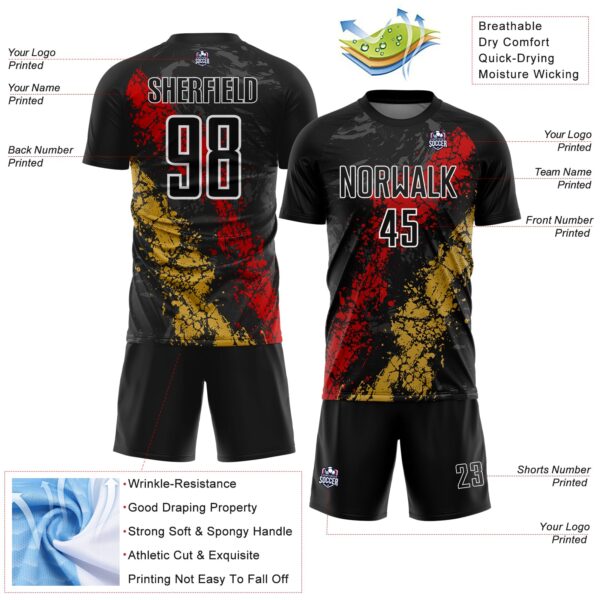 Custom Black White Red-Old Gold Dripping Splatter Cracked Texture Sublimation Soccer Uniform Jersey